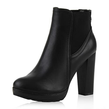 Damen Ankle Boots Plateau Stiefeletten Zipper Holzoptikabsatz Schuhe 111135 Schwarz 38 Flandell - 1