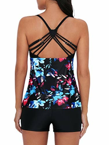 Durio Badeanzug Damen Bauchweg Frau Bademode Badeanzüge Tankinis Tankini mit Hotpants Badebekleidung Zweiteilig mit Streifen,Z Schwarz mit Blumen,EU 44 (Etikett XXL) - 2