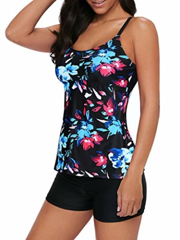 Durio Badeanzug Damen Bauchweg Frau Bademode Badeanzüge Tankinis Tankini mit Hotpants Badebekleidung Zweiteilig mit Streifen,Z Schwarz mit Blumen,EU 44 (Etikett XXL) - 3