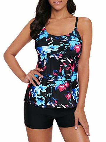 Durio Badeanzug Damen Bauchweg Frau Bademode Badeanzüge Tankinis Tankini mit Hotpants Badebekleidung Zweiteilig mit Streifen,Z Schwarz mit Blumen,EU 44 (Etikett XXL) - 4