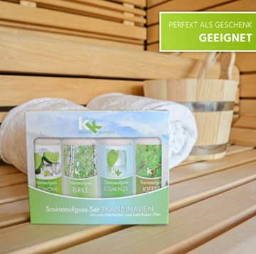 KK Saunaaufguss-Set Skandinavien - Made in Germany - 4 verschiedene Duftsorten in einem Set - Eislimone, Birke, Eisminze, Kiefer - 100ml Flasche - in verschiedenen Varianten erhältlich - 7