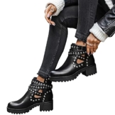 LLDG Stiefeletten Damen Kurze Stiefel Mode Biker Boots elegant Nieten Ankle mit Schnalle Winter Knöchel Blockabsatz Retro PU Lederstiefel Vintage Chelsea Boots, Schwarz, 41 EU - 1