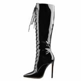 Only maker Damen Spitze Stiefel Langschaft Schnürboots mit Reißverschluss Knee High Boots Stiletto Schwarz Lack 39 EU - 1