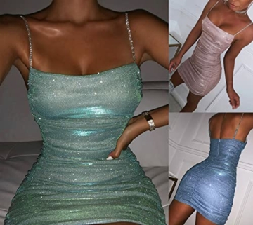 Onsoyours Damen Partykleid Wickelkleid Glitzer Minikleider Elegant Rückenfreies Bodycon Ruched Kleid Spaghetti Strap Stretchy Club Cocktailkleid A Blau S - 2