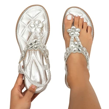 Plateau Sandalen Damen Frauen Strass Dekor Slingback Sandalen elastischer Knöchelriemen Lässige böhmische Strandschuhe Flip Flops Metallic Strass Dekor Sandalen Mit Keilabsatz Strass Damen Sommer - 3