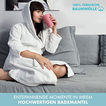Twinzen Bademantel Damen - XL - Weiß - 100% Baumwolle (350g/m²) OEKO-TEX® Zertifiziert - Bademantel mit Kapuze, 2 Taschen, Gürtel - 2