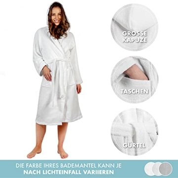 Twinzen Bademantel Damen - XL - Weiß - 100% Baumwolle (350g/m²) OEKO-TEX® Zertifiziert - Bademantel mit Kapuze, 2 Taschen, Gürtel - 3