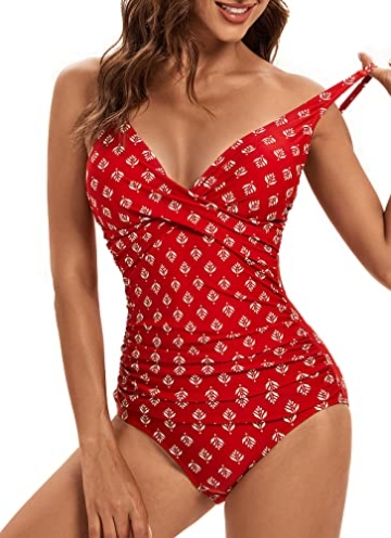 VILOREE Damen Monokini Bauchweg Schlankheits Badeanzug Plus Size Badebekleidung Bauchweg für Mollige Rot mit blätter Druck L - 2
