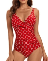 VILOREE Damen Monokini Bauchweg Schlankheits Badeanzug Plus Size Badebekleidung Bauchweg für Mollige Rot mit blätter Druck L - 1