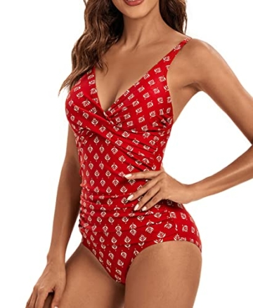 VILOREE Damen Monokini Bauchweg Schlankheits Badeanzug Plus Size Badebekleidung Bauchweg für Mollige Rot mit blätter Druck L - 3