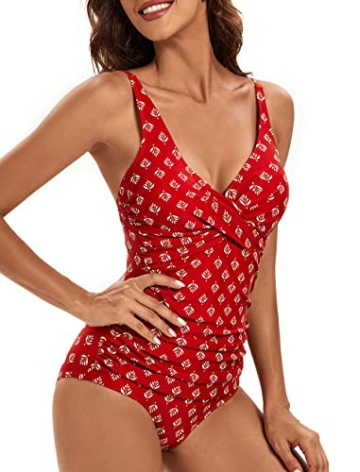 VILOREE Damen Monokini Bauchweg Schlankheits Badeanzug Plus Size Badebekleidung Bauchweg für Mollige Rot mit blätter Druck L - 4