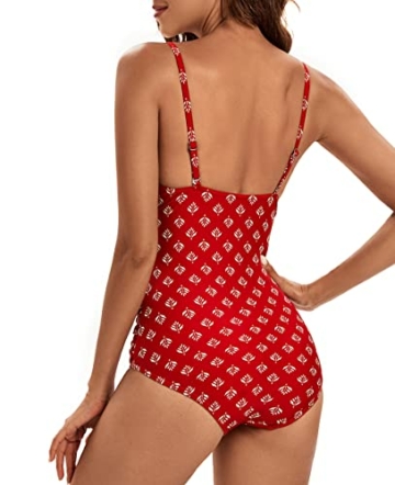 VILOREE Damen Monokini Bauchweg Schlankheits Badeanzug Plus Size Badebekleidung Bauchweg für Mollige Rot mit blätter Druck L - 5