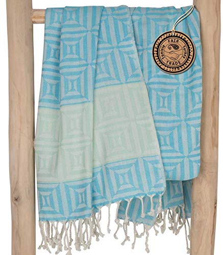 ZusenZomer Hamamtuch Fouta XXL 100x200 - Hamam Badetuch Strandtuch mit Fransen Pestemal Saunatuch Extra groß - Damen- 100% gekämmte Baumwolle Handgewebt - Fair Trade Hammam Tücher (Türkis) - 1