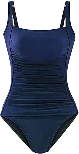 Brosloth Damen Badeanzug Tummy Control Monokinis Bauchweg Einteilige Bademode Swimwear Push Up Badeanzüge Plus Size Badebekleidung(Navy Blau,XXL) - 5
