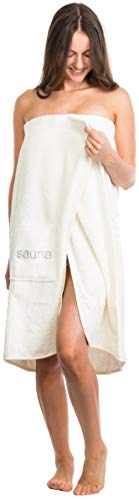 Brandsseller Damen Saunakilt Saunasarong S-XXL mit Klettverschluss, Gummizug und Tasche 100% Baumwolle - Creme/Weiss - 2