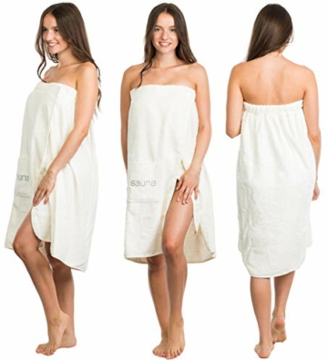 Brandsseller Damen Saunakilt Saunasarong S-XXL mit Klettverschluss, Gummizug und Tasche 100% Baumwolle - Creme/Weiss - 6