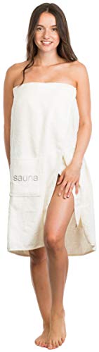 Brandsseller Damen Saunakilt Saunasarong S-XXL mit Klettverschluss, Gummizug und Tasche 100% Baumwolle - Creme/Weiss - 1