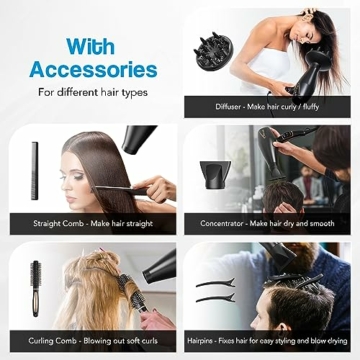 GLAM Profi Haartrockner, Föhn 2300W Leistungsstarker AC Motor Schnell trocknend Ionen Haartrockner mit 2 Geschwindigkeiten 3 Heiz, Cool Shot Taste mit 1 Diffusor & 1 Konzentrator für Multi-Frisuren - 5