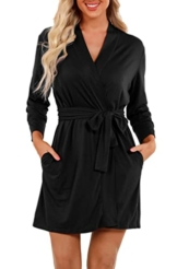 heekpek Bademantel Damen Sommer Winter Kurz Morgenmantel V-Ausschnitt Reisebademantel Baumwolle 3/4 Ärmeln Saunamantel Kimono mit Gürtel Nachthemd für Braut Nachtwäsche,Schwarz S - 1