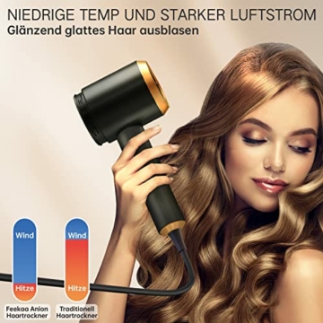 Ionen Haartrockner, Feekaa Schnelltrocknender Föhn, 100 Millionen negative Ionen, sorgt für glänzendes Haar, mit rotierender Magnetdüse, Konzentrat und Diffusor, für Reisen & lockiges Haar, Schwarz - 8