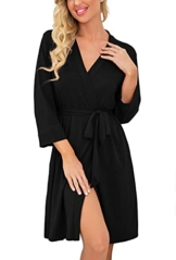 PrinStory Bademantel Für Damen Kurz Weich Robe V-Ausschnitt Morgenmantel Gestrickt Lässig Kimono-Bademantel Leicht Damen Reisebademantel (Schwarz, S) - 1