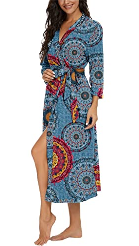 PrinStory Damen Morgenmantel V-Ausschnitt Bademantel 3/4 Ärmeln Morgenrock Gestrickt Nachtwäsche Lang Saunamantel (Fp-Mix Blau, M) - 4
