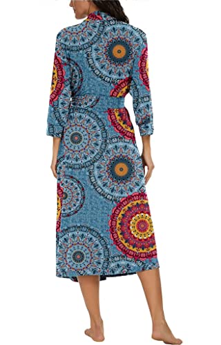 PrinStory Damen Morgenmantel V-Ausschnitt Bademantel 3/4 Ärmeln Morgenrock Gestrickt Nachtwäsche Lang Saunamantel (Fp-Mix Blau, M) - 5