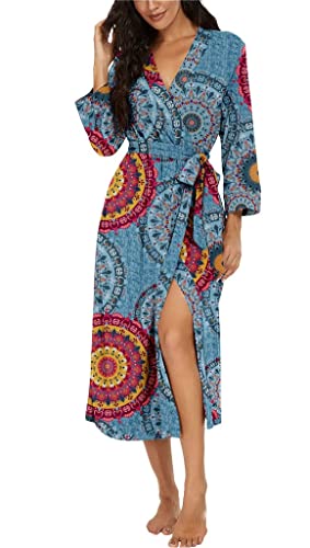 PrinStory Damen Morgenmantel V-Ausschnitt Bademantel 3/4 Ärmeln Morgenrock Gestrickt Nachtwäsche Lang Saunamantel (Fp-Mix Blau, M) - 1
