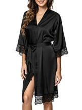 Tuopuda Bademantel Damen, Satin Kimono Morgenmantel Sommer, Nachthemd Spitze mit Taschen Kurz Robe mit Gürtel Blumenspitze Nachtwäsche Sleepwear für Party Hochzeit Braut Brautjungfern, Schwarz, L - 1