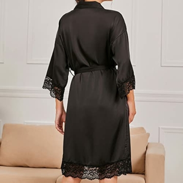 Tuopuda Bademantel Damen, Satin Kimono Morgenmantel Sommer, Nachthemd Spitze mit Taschen Kurz Robe mit Gürtel Blumenspitze Nachtwäsche Sleepwear für Party Hochzeit Braut Brautjungfern, Schwarz, L - 3