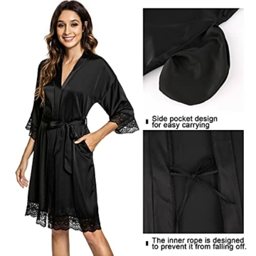 Tuopuda Bademantel Damen, Satin Kimono Morgenmantel Sommer, Nachthemd Spitze mit Taschen Kurz Robe mit Gürtel Blumenspitze Nachtwäsche Sleepwear für Party Hochzeit Braut Brautjungfern, Schwarz, L - 4