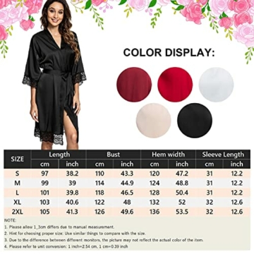 Tuopuda Bademantel Damen, Satin Kimono Morgenmantel Sommer, Nachthemd Spitze mit Taschen Kurz Robe mit Gürtel Blumenspitze Nachtwäsche Sleepwear für Party Hochzeit Braut Brautjungfern, Schwarz, L - 5