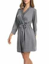 UNibelle Damen Morgenmantel 3/4 Ärmel Bademantel Kimono Baumwolle Saunamantel Robe Negligee Mit V-Ausschnitt, 1-hellgrau, M - 1