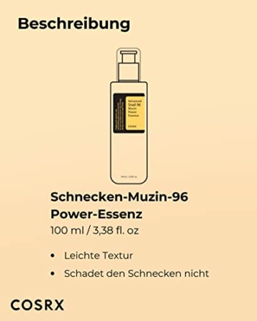 COSRX fortschrittliche Schnecken-Muzin-96-Power-Essenz 100 ml fl. oz | Schneckensekret-Filtrat 96 % | Hautreparaturserum | CPNP, Koreanische Hautpflege, ohne Tierquälerei, ohne Parabene, ohne Alkohol - 6