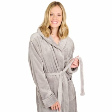 Blumtal Bademantel Damen und Herren - kuschelig weicher Fleece Bademantel mit Kapuze & praktischen Fronttaschen, Oeko-TEX® Zertifiziert, Größe L, Farbe Grau - 4