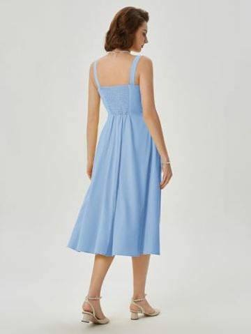 Damen Elegant Blumenkleid Spaghetti Midikleid A-Linie Partykleid Festlich Cocktailkleid Blau S - 5