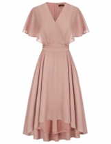 Damen Kurzarm Kleid High Waist A-Linie Cocktaikleid Elegant Chiffon Sommerkleid Hellrosa 42 - 1