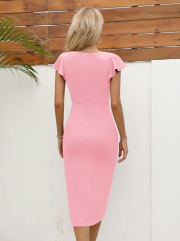 Missufe Cocktailkleid Elegant Wickelkleid Midikleid Partykleid Damen Bodycon Sommerkleider (Rosa, Mittel) - 4