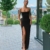 QKEPCY Sexy Kleid Damen Partykleid Damen Bodycon Kleid Spaghettiträger Midikleid Asymmetrisch Figurbetontes Ärmelloses Kleid Enger Sommerkleid Partykleid mit Schlitz (Schwarz M) - 3