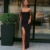 QKEPCY Sexy Kleid Damen Partykleid Damen Bodycon Kleid Spaghettiträger Midikleid Asymmetrisch Figurbetontes Ärmelloses Kleid Enger Sommerkleid Partykleid mit Schlitz (Schwarz M) - 5