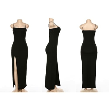 QKEPCY Sexy Kleid Damen Partykleid Damen Bodycon Kleid Spaghettiträger Midikleid Asymmetrisch Figurbetontes Ärmelloses Kleid Enger Sommerkleid Partykleid mit Schlitz (Schwarz M) - 6