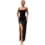 QKEPCY Sexy Kleid Damen Partykleid Damen Bodycon Kleid Spaghettiträger Midikleid Asymmetrisch Figurbetontes Ärmelloses Kleid Enger Sommerkleid Partykleid mit Schlitz (Schwarz M) - 1