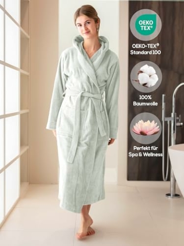 SIEGENTHAL® Damen Bademantel Frottee Velour 100% Baumwolle mit Kapuze Flauschig - Mint L - XL - 2