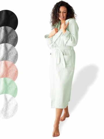 SIEGENTHAL® Damen Bademantel Frottee Velour 100% Baumwolle mit Kapuze Flauschig - Mint L - XL - 1