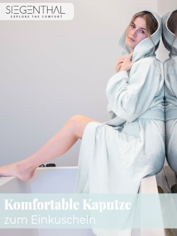 SIEGENTHAL® Damen Bademantel Frottee Velour 100% Baumwolle mit Kapuze Flauschig - Mint L - XL - 6