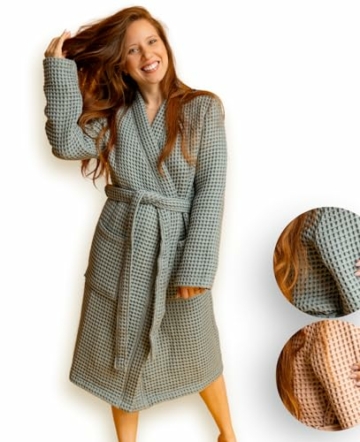 BLUMIS® Bademantel Damen – moderner Morgenmantel, Waffelpique Muster, OEKO-TEX Baumwolle, Sauna geeignet, Kimono Schnitt - Grau - 1