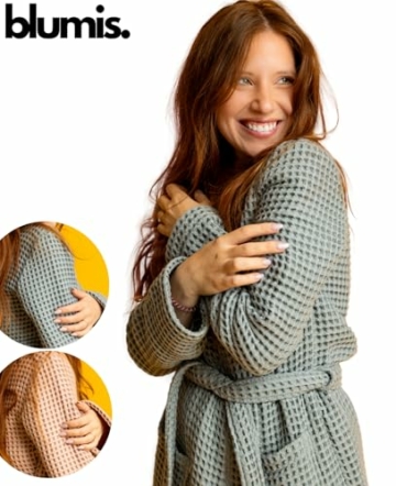 BLUMIS® Bademantel Damen – moderner Morgenmantel, Waffelpique Muster, OEKO-TEX Baumwolle, Sauna geeignet, Kimono Schnitt - Grau - 6