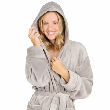 Blumtal Bademantel Damen und Herren - kuschelig weicher Fleece Bademantel mit Kapuze & praktischen Fronttaschen, Oeko-TEX® Zertifiziert, Größe M, Farbe Grau - 2