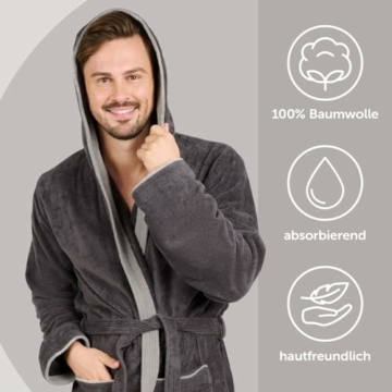 Blumtal Bademantel Herren, kuschelig weicher Bademantel Herren mit Kapuze aus 100% Baumwolle mit gefütterter Kapuze und samtigen Frottee-Velours, Oeko-TEX® Zertifiziert, Größe XL, Anthrazit und grau - 2