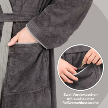 Blumtal Bademantel Herren, kuschelig weicher Bademantel Herren mit Kapuze aus 100% Baumwolle mit gefütterter Kapuze und samtigen Frottee-Velours, Oeko-TEX® Zertifiziert, Größe XL, Anthrazit und grau - 3